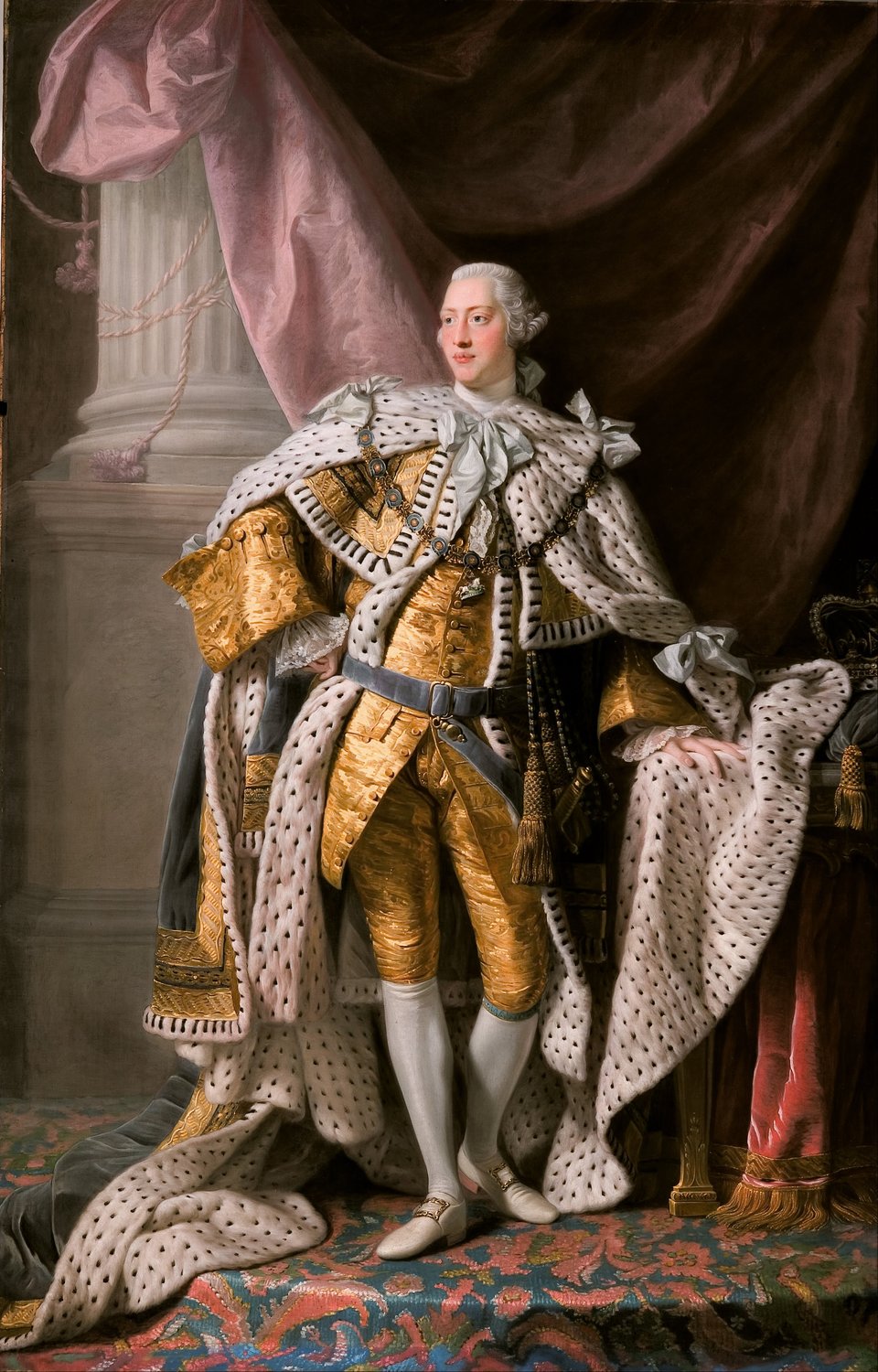 Król Jerzy III w stroju koronacyjnym, ok. 1765 r. Król Jerzy III w stroju koronacyjnym, ok. 1765 r. Obraz pędzla Allana Ramsay’a znajdujący się obecnie w Galerii Sztuki w Adelajdzie w Australii. Obraz powstał w okresie największego triumfu tzw. „pierwszego imperium brytyjskiego” po zwycięstwie w wojnie siedmioletniej. Źródło: Allan Ramsay, Król Jerzy III w stroju koronacyjnym, ok. 1765 r., ok. 1765, olej na płótnie, Art Gallery of South Australia, domena publiczna.