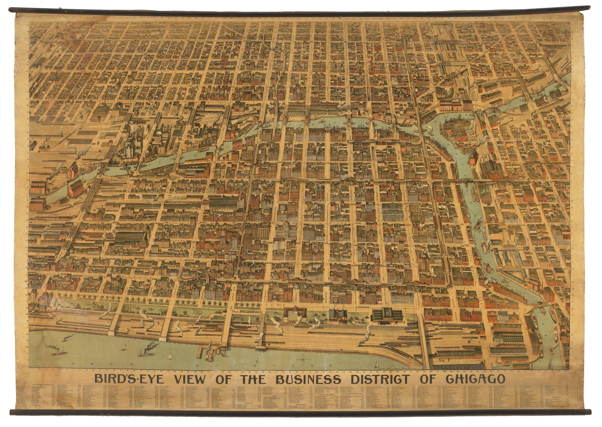 Ilustracja przedstawia widok z lotu ptaka na miasto Chicago z 1898 roku. Ulice miasta tworzą regularną siatkę - są względem siebie równoległe i prostopadłe. Przez miasto płynie rzeka, tworząc dwa łukowate rozgałęzienia. U dołu widoczny jest brzeg Jeziora Michigan.