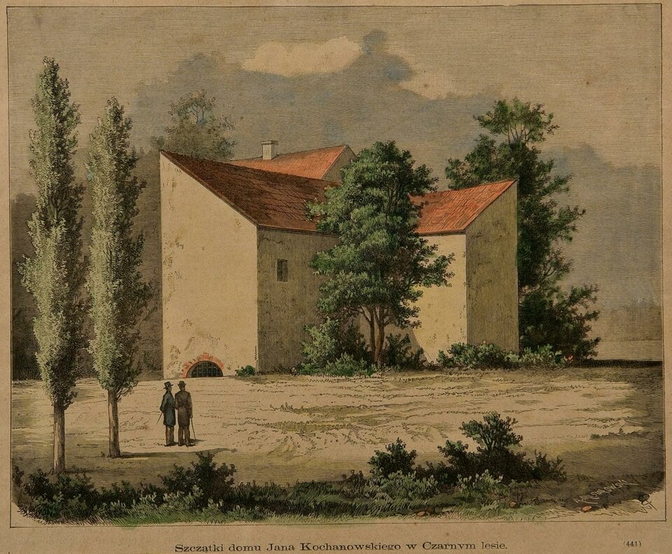 Fragment zachowanych murów domu Jana Kochanowskiego Źródło: Antoni Musiałowski, Fragment zachowanych murów domu Jana Kochanowskiego, „Tygodnik Ilustrowany” 1884 (z dn. 23.08), drzeworyt.