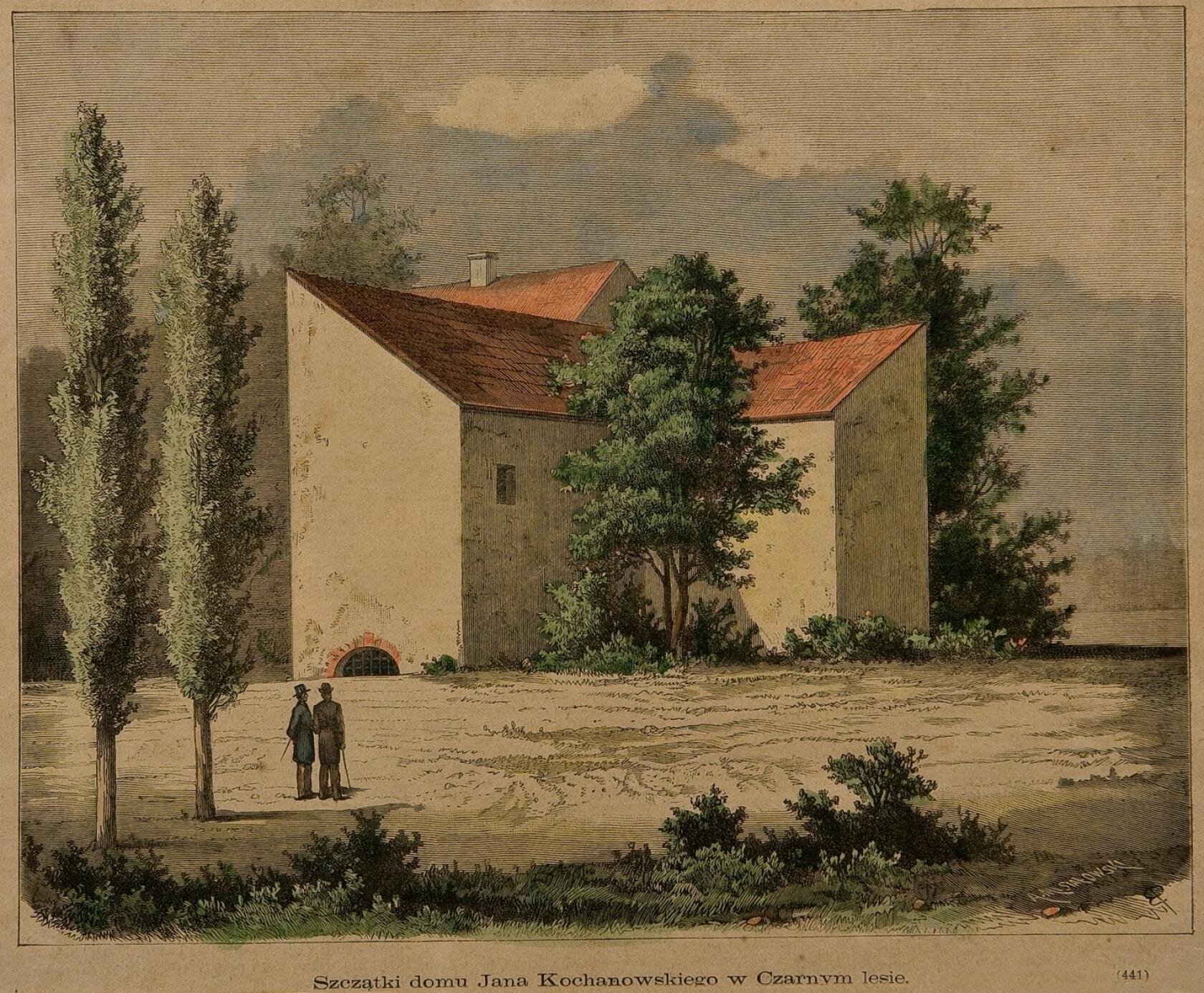 Fragment zachowanych murów domu Jana Kochanowskiego Źródło: Antoni Musiałowski, Fragment zachowanych murów domu Jana Kochanowskiego, „Tygodnik Ilustrowany” 1884 (z dn. 23.08), drzeworyt.