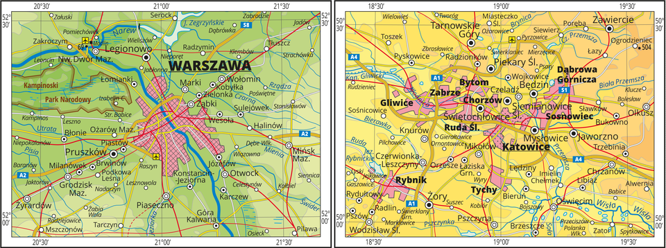 Ilustracja przedstawia dwa fragmenty mapy hipsometrycznej Polski po lewej stronie z centralnie umieszczoną w środku mapy Warszawą. Mapa przedstawia aglomerację warszawską z wyraźnie dominującym ośrodkiem centralnym. Warszawa przedstawiona jest w formie rozległej sygnatury. Dookoła kropkami zaznaczono pozostałe miasta. Po prawej stronie w centrum mapy aglomeracja policentryczna złożona z kilku równorzędnych miast położonych blisko siebie. Miasta połączone rozbudowaną sieci komunikacyjną. Na mapie między innymi: Gliwice, Zabrze, Chorzów, Bytom, Ruda Śląska, Katowice, Sosnowiec, Dąbrowa Górnicza.