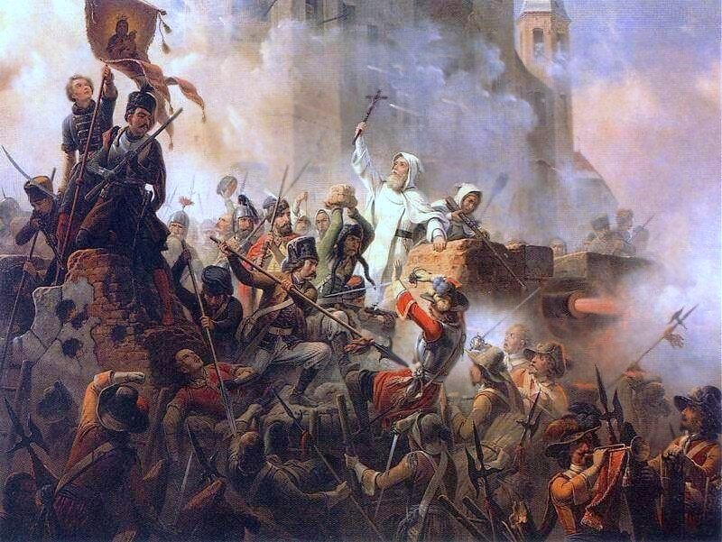 obraz przedstawia grupę ludzi i jest symbolicznym przedstawieniem obrony Jasnej Góry w 1655 roku