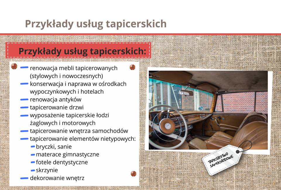 Grafika opisuje przykłady usług tapicerskich.