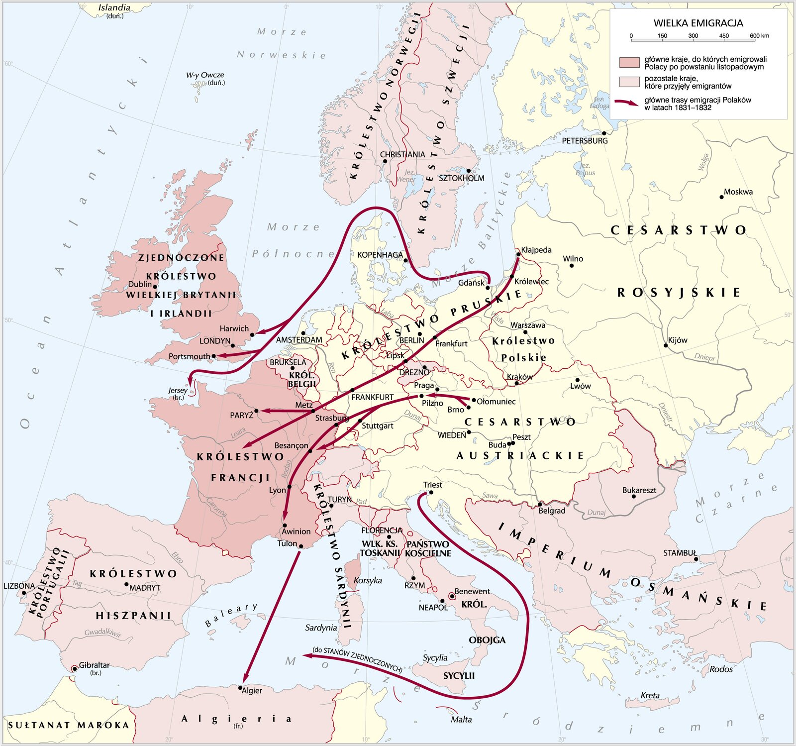 mapa Europy na której zostały zaznaczone kierunki emigracji Polaków po powstaniu listopadowym