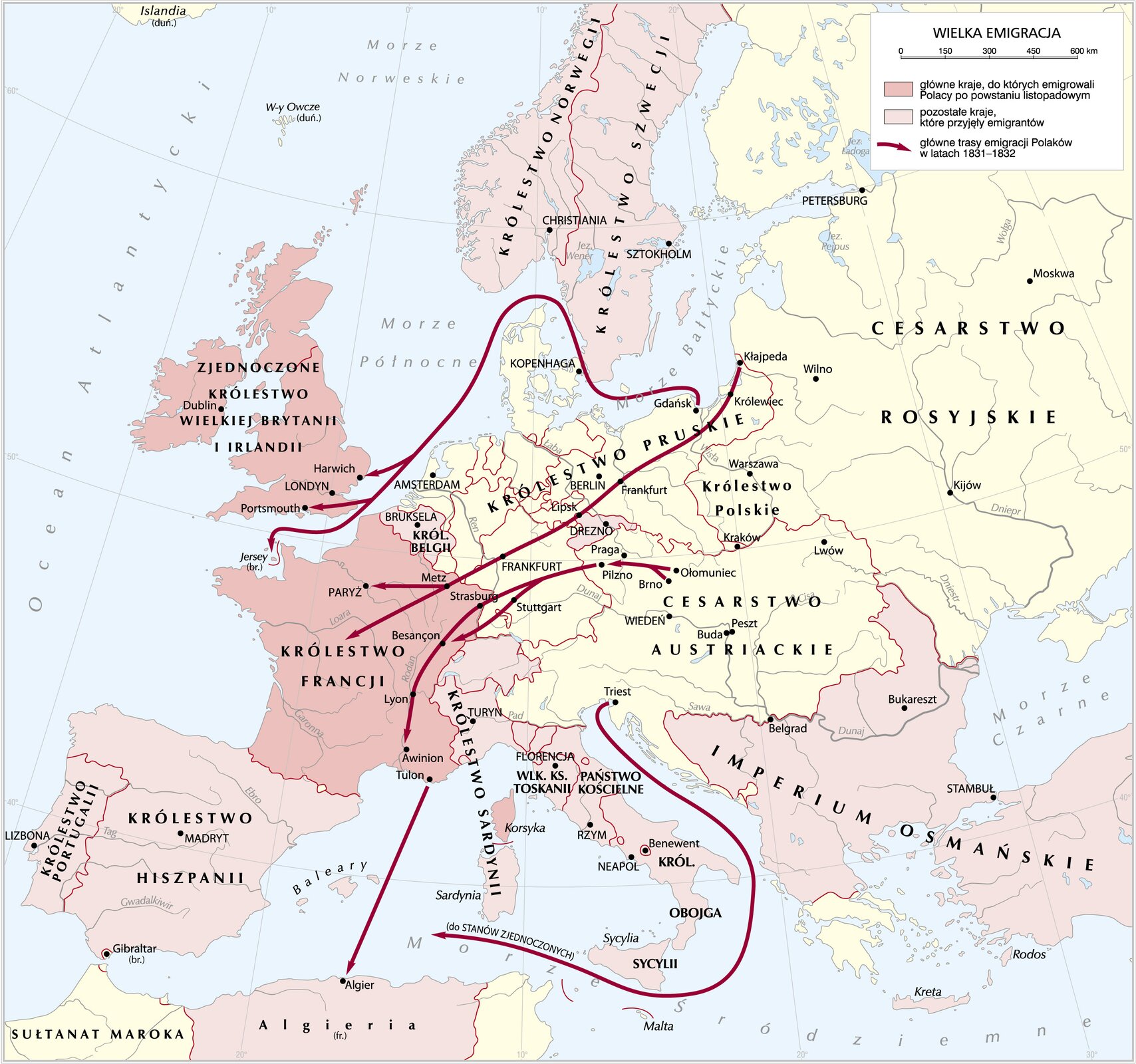 mapa Europy na której zostały zaznaczone kierunki emigracji Polaków po powstaniu listopadowym