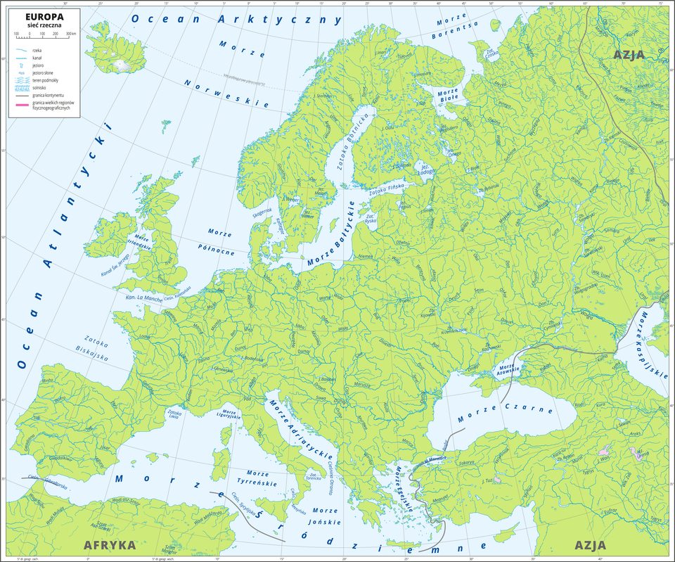 Ilustracja przedstawia mapę konturową Europy z siecią rzeczną. Opisano rzeki, jeziora morza i oceany. Mapa zawiera południki i równoleżniki, dookoła mapy w białej ramce opisano współrzędne geograficzne co pięć stopni.