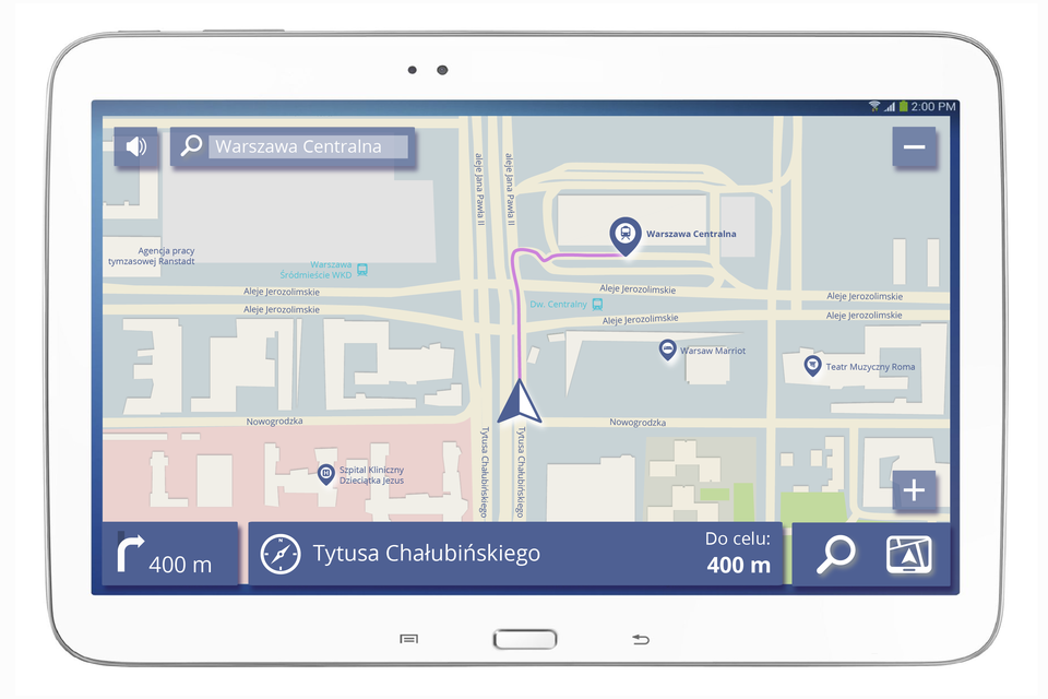 Zdjęcie przedstawiające odbiornik GPS z nawigacją, na którym wyświetlona jest mapa centrum Warszawy.