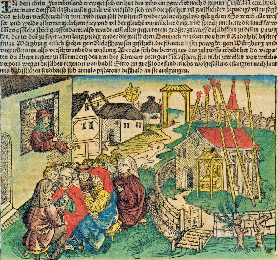 Kazanie w Niklashausen Źródło: Hartmann Schedel, Kazanie w Niklashausen, 1493, domena publiczna.