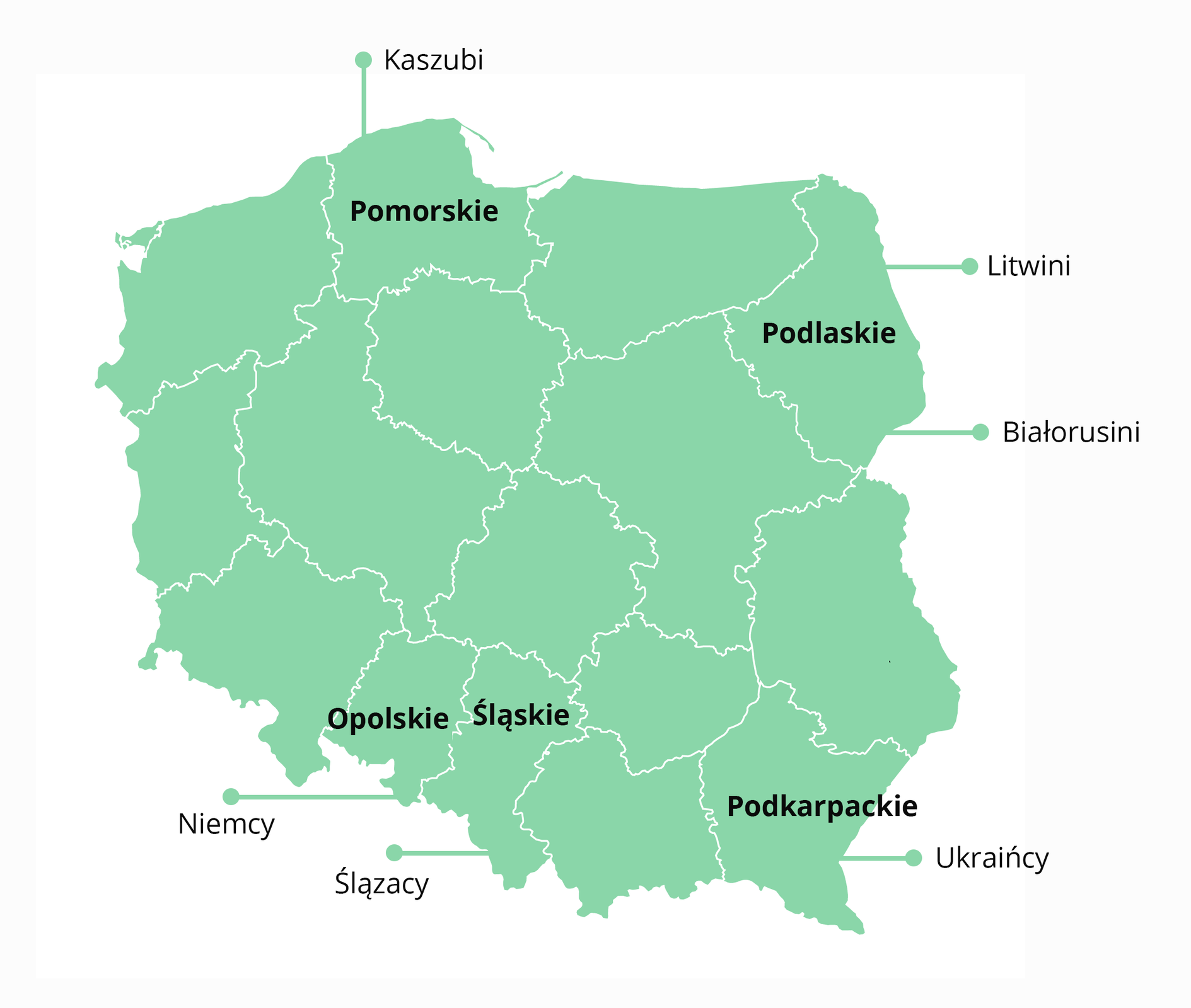 Rozmieszczenie wybranych mniejszości narodowych oraz Kaszubów i Ślązaków w Polsce Rozmieszczenie wybranych mniejszości narodowych oraz Kaszubów i Ślązaków w Polsce Źródło: Contentplus.pl sp. z o.o., licencja: CC BY 3.0.