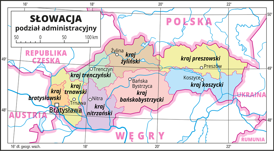 Ilustracja przedstawia mapę polityczną Słowacji z podziałem na jednostki administracyjne zwane krajami. Kolorami wyróżniono kraj bańskobystrzycki, kraj żyliński, kraj nitrzański, kraj koszycki, kraj preszowski, kraj trenczyński, kraj trnawski, kraj bratysławski. Białymi kropkami oznaczono główne miasta i opisano je. Mapa pokryta jest równoleżnikami i południkami. Dookoła mapy w białej ramce opisano współrzędne geograficzne.