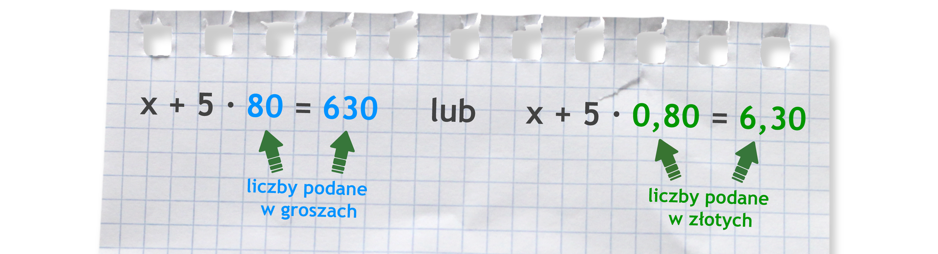 Zapis równań: x +5 razy 80 =630 (liczby 80 i 630 podane w groszach). x +5 razy 0,80 =6,30 (liczby 0,80 i 6,30 podane w złotych).