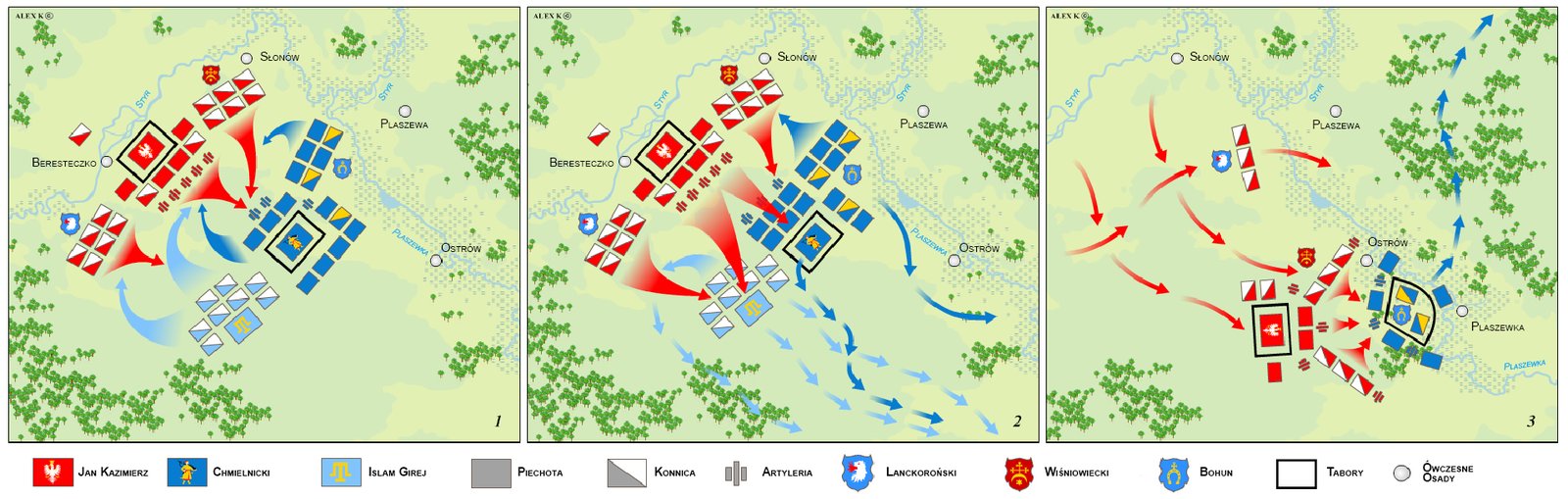 Plan bitwy pod Beresteczkiem w 1651 r. – trzy fazy starcia Plan bitwy pod Beresteczkiem w 1651 r. – trzy fazy starcia Źródło: Hoodinski, Wikimedia Commons, licencja: CC BY-SA 3.0.