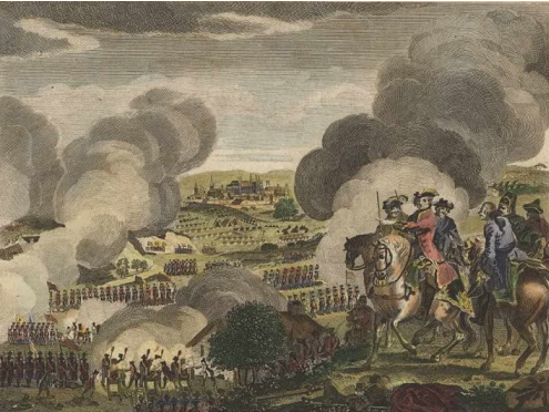 Bitwa pod Pragą w 1757 r., w której zwycięstwo odniosła armia Prus; kolorowana grafika z ok. 1780 r. (w oddali widać miasto Pragę) Bitwa pod Pragą w 1757 r., w której zwycięstwo odniosła armia Prus; kolorowana grafika z ok. 1780 r. (w oddali widać miasto Pragę) Źródło: ok. 1780, domena publiczna.