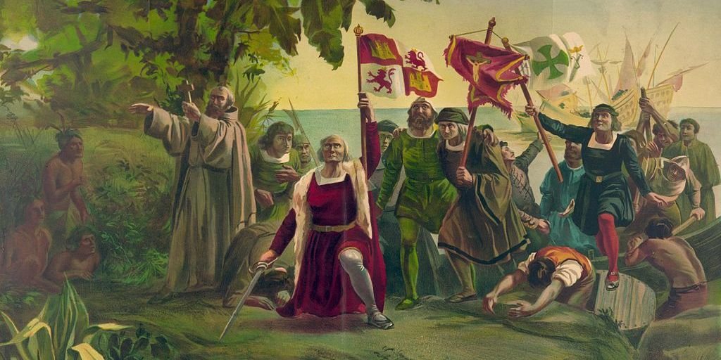 Pierwsze lądowanie Kolumba na brzegu Nowego Świata w San Salvador Źródło: Dióscoro Teófilo Puebla Tolín, Pierwsze lądowanie Kolumba na brzegu Nowego Świata w San Salvador, 1862, domena publiczna.