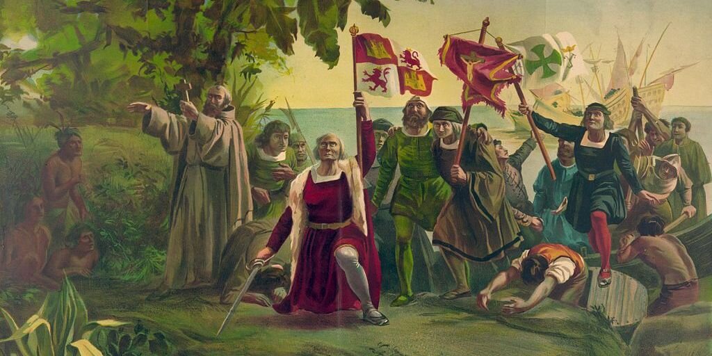 Pierwsze lądowanie Kolumba na brzegu Nowego Świata w San Salvador Źródło: Dióscoro Teófilo Puebla Tolín, Pierwsze lądowanie Kolumba na brzegu Nowego Świata w San Salvador, 1862, domena publiczna.