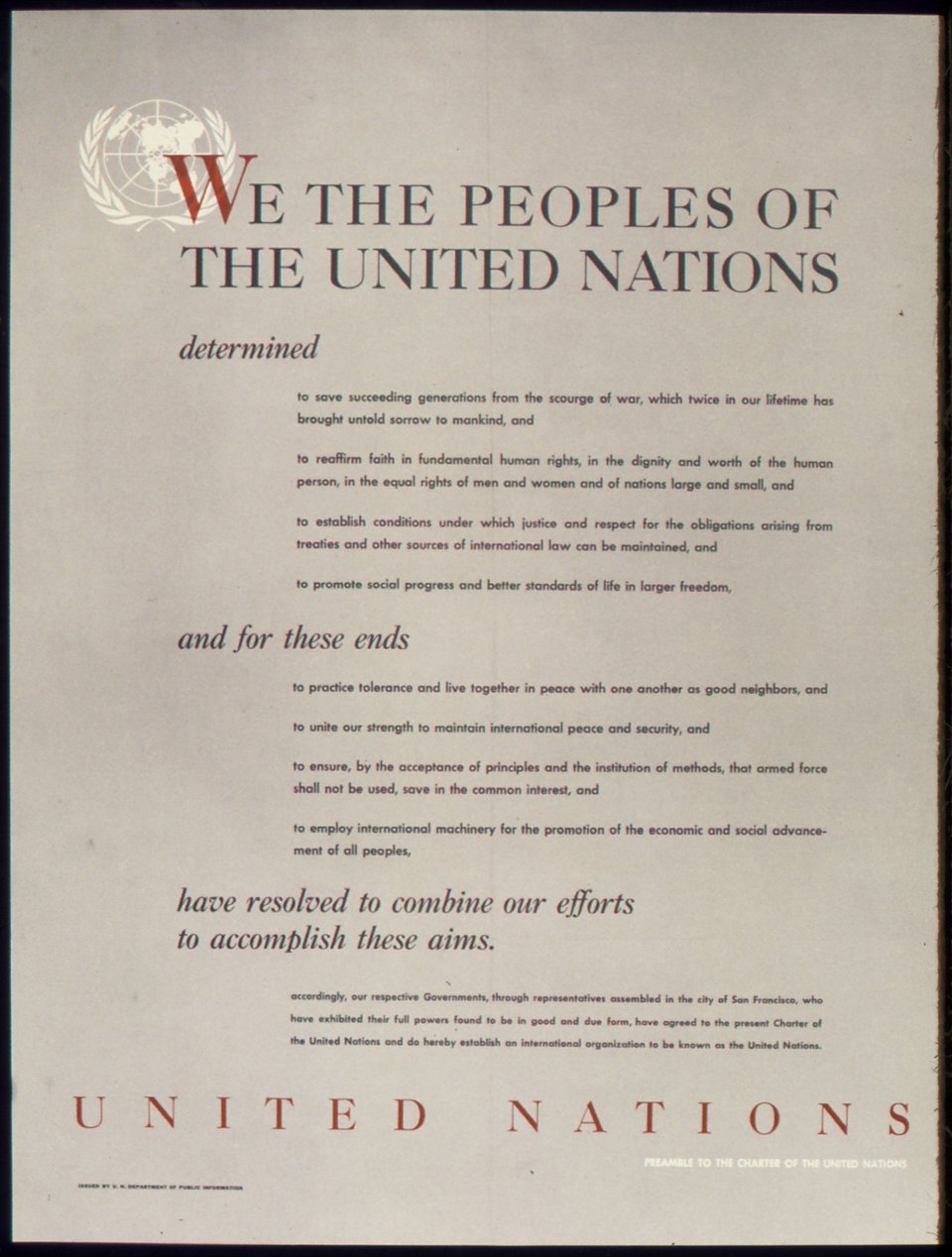 Wstęp do Karty Narodów Zjednoczonych Źródło: U.S. National Archives and Records Administration, Wstęp do Karty Narodów Zjednoczonych, licencja: CC 0.