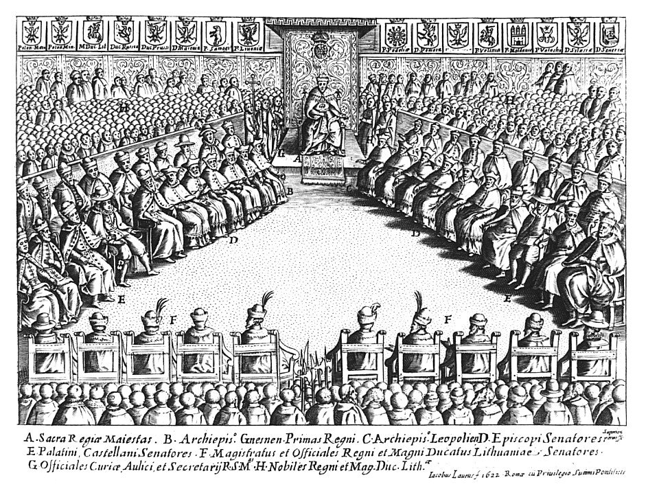 Sejm za czasów Zygmunta III Wazy; w opisie grafiki literami oznaczono: A – króla, B – arcybiskupa gnieźnieńskiego (prymasa), C – arcybiskupa lwowskiego, D – senatorów – biskupów, E – senatorów będących wojewodami, kasztelanami, F – senatorów będących urzędnikami koronnymi i litewskimi, G – sekretarzy i urzędników dworskich, H – posłów ziemskich (szlachta koronna i litewska). Sejm za czasów Zygmunta III Wazy; w opisie grafiki literami oznaczono: A – króla, B – arcybiskupa gnieźnieńskiego (prymasa), C – arcybiskupa lwowskiego, D – senatorów – biskupów, E – senatorów będących wojewodami, kasztelanami, F – senatorów będących urzędnikami koronnymi i litewskimi, G – sekretarzy i urzędników dworskich, H – posłów ziemskich (szlachta koronna i litewska). Źródło: Giacomo Lauro, 1622, Biblioteka Narodowa, domena publiczna.