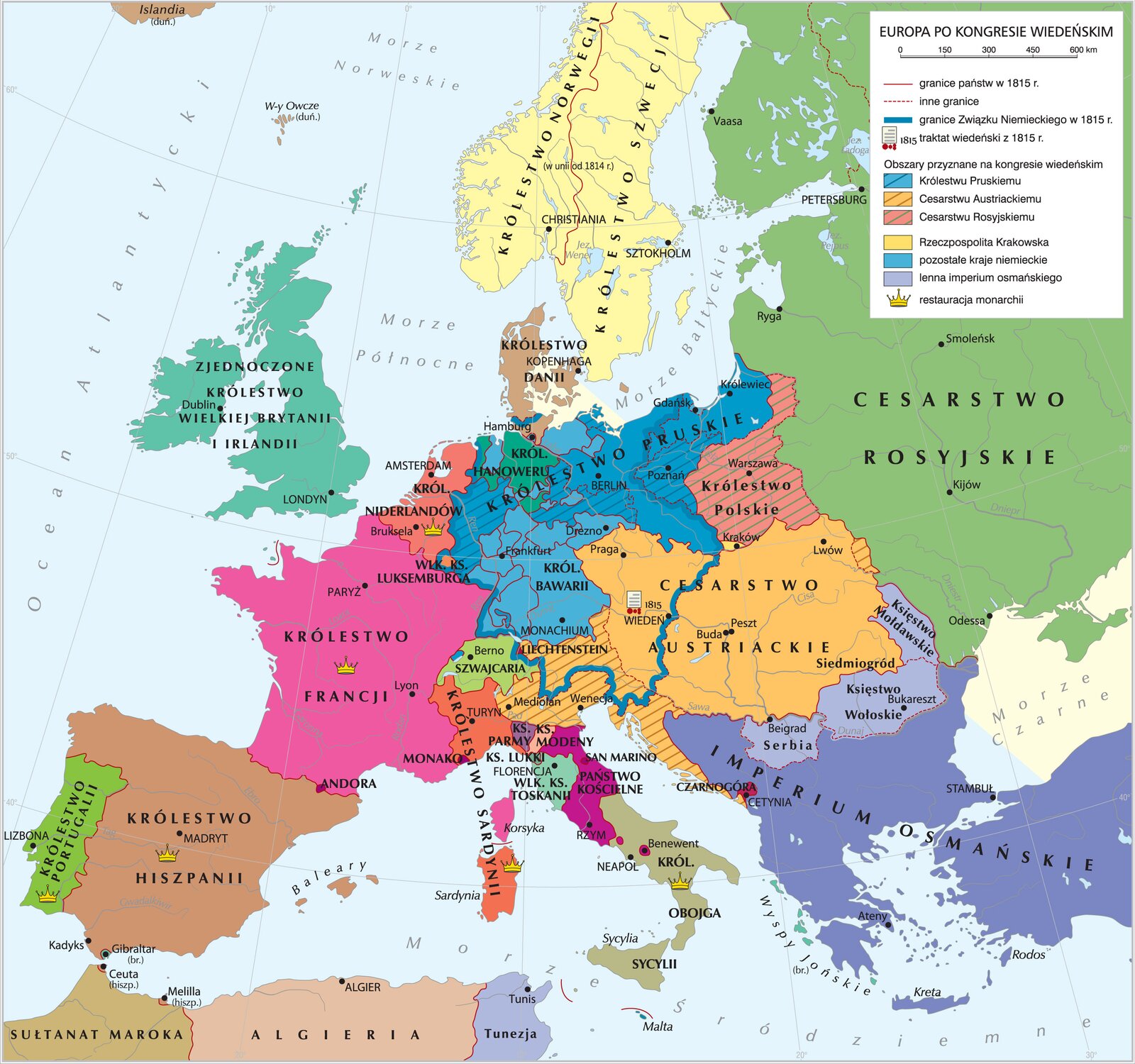 Europa po kongresie wiedeńskim Źródło: Krystian Chariza i zespół, Europa po kongresie wiedeńskim, licencja: CC BY-SA 3.0.
