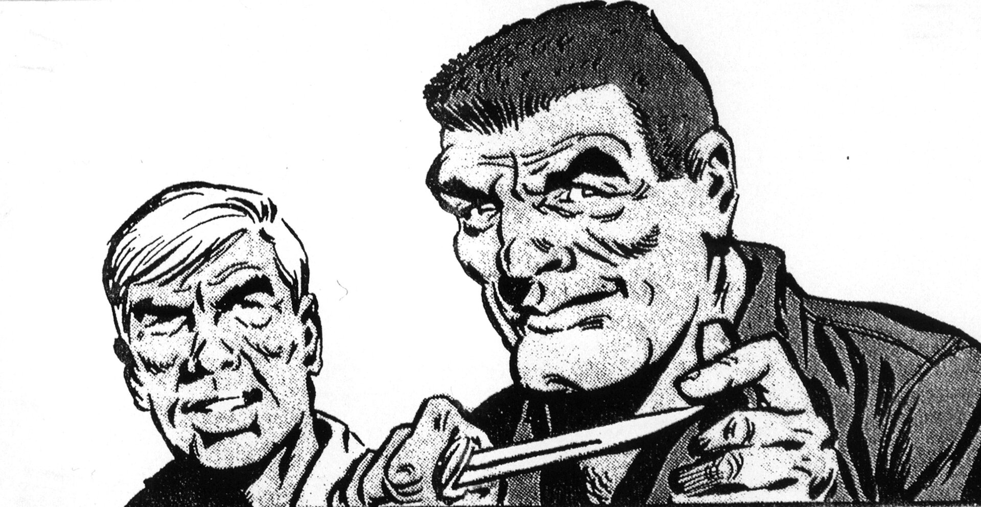 Ilustracja przedstawia ilustrację z komiksu Jerzego Wróblewskiego „Skradziony Skarb”. Ukazuje dwóch mężczyzn. Postać po lewej stronie to blondyn. Po jego prawej stronie ukazany jest mężczyzna o najeżonych włosach i bruzdach na twarzy. W dłoniach trzyma nóż, palcem lewej ręki dotyka końca ostrza.