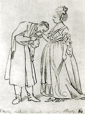 Starosta Ledóchowski całuje dłoń hrabiny Podoskiej Źródło: Daniel Chodowiecki, Starosta Ledóchowski całuje dłoń hrabiny Podoskiej, 1773, domena publiczna.