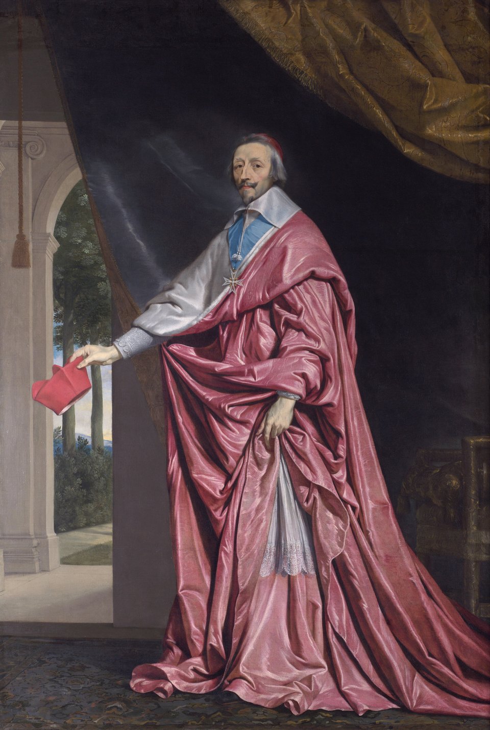 Portret kardynała de Richelieu Obraz namalowany przez Philippe de Champaigne (1602-1674). Ten sam autor namalował portret koronacyjny króla Ludwika XIII prezentowany powyżej. Obraz przechowywany jest obecnie w Galerii Narodowej w Londynie. Źródło: Philippe de Champaigne, Portret kardynała de Richelieu, 1633-1640, olej na płótnie, Galeria Narodowa w Londynie, domena publiczna.