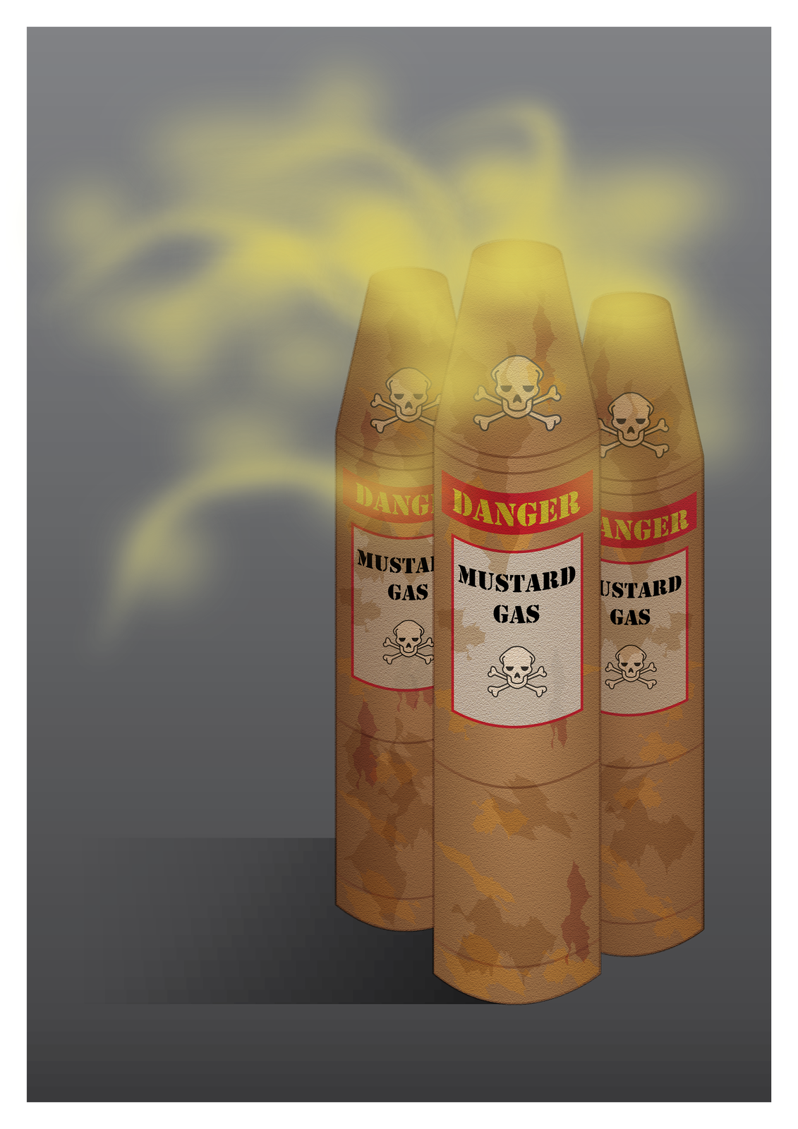Kolorowa ilustracja przedstawia trzy cylindryczne pojemniki z gazem musztardowym. Pojemniki w kolorze brązowym. Na pojemnikach naklejka z czarnym napisem mustrad gas. Poniżej napisu czaszka ułożona na skrzyżowanych piszczelach. Powyżej żółty napis Danger na czerwonym poziomym prostokącie. Powyżej czaszka na skrzyżowanych piszczelach. Górna część pojemników zwężona w formie stożka. Nad pojemnika unosi się żółta chmura.