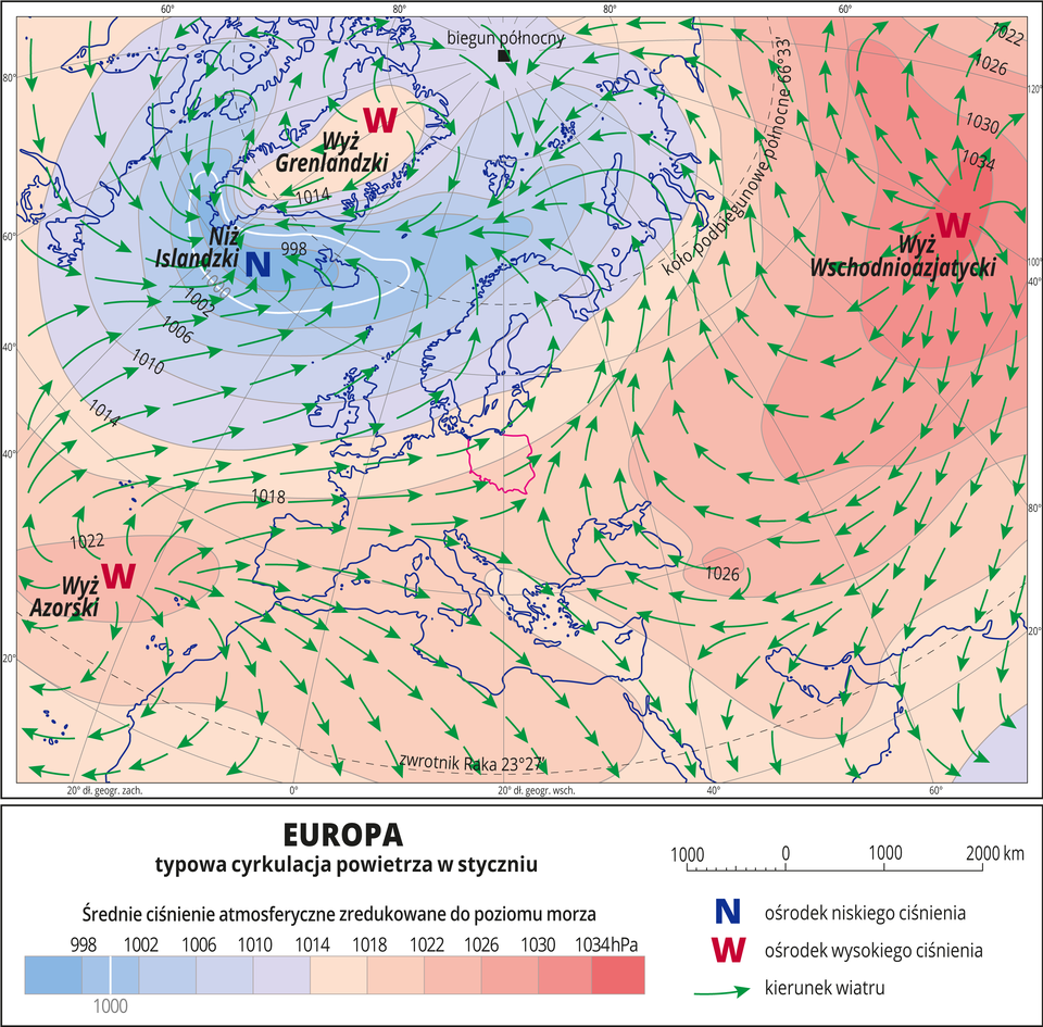 Ilustracja przedstawia mapę Europy i obrazuje typową cyrkulację powietrza styczniu. Na mapie kolorami zaznaczono wartości ciśnienia atmosferycznego zredukowane do poziomu morza. Odcienie koloru pomarańczowego oznaczają obszary o wysokim ciśnieniu (przeważają na mapie), odcienie koloru niebieskiego oznaczają obszary o niskim ciśnieniu. Czerwonymi literami W opisano ośrodki wysokiego ciśnienia (Wyż Grenlandzki, Wyż Azorski, Wyż Wschodnioazjatycki), niebieską literą N opisano jedyny ośrodek niskiego ciśnienia (Niż Islandzki). Zielonymi strzałkami oznaczono kierunki wiatru (od wyżów do niżu). Na mapie opisano izobary co cztery hektopaskale. Najniższa wartość wynosi dziewięćset dziewięćdziesiąt osiem hektopaskali, najwyższa wartość wynosi tysiąc trzydzieści cztery hektopaskale. Mapa pokryta jest równoleżnikami i południkami. Dookoła mapy w białej ramce opisano współrzędne geograficzne co dwadzieścia stopni. Na dole mapy w legendzie opisano kolory i znaki użyte na mapie.