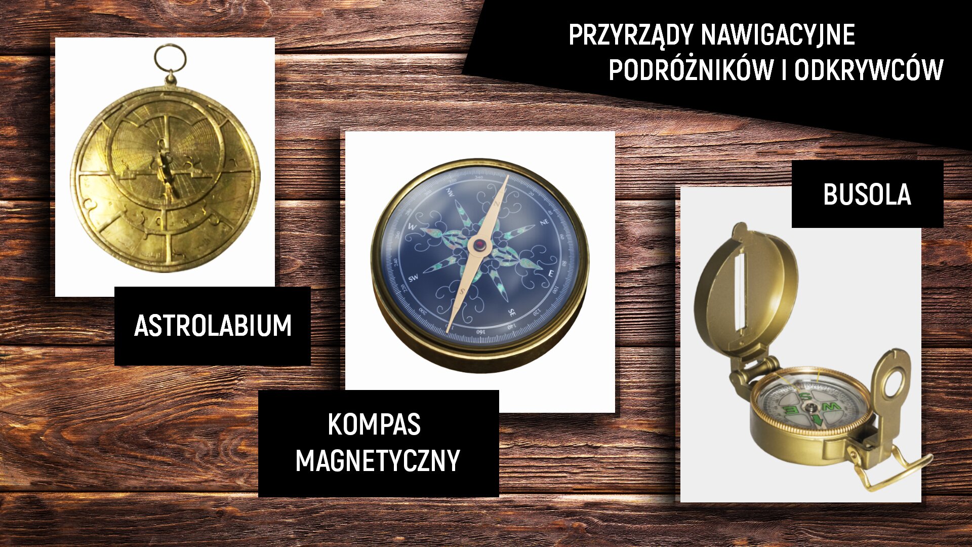 Grafika przedstawia przyrządy nawigacyjne podróżników i odkrywców. Grafika zawiera trzy ilustracje. Po lewej stronie grafiki zaprezentowane jest astrolabium. To dawny przyrząd astronomiczny stosowany w nawigacji. Urządzenie to składa się z metalowej płyty, na której wyryte są oznaczenia wysokości ciał niebieskich. Przez środek astrolabium przebiega linia oznaczająca północny biegun nieba. Dawniej używano tego urządzenia do określania szerokości geograficznej i pomiaru czasu. W centrum grafiki znajduje się ilustracja prezentująca kompas. Kompas ma tarczę w niebieskim kolorze, złotą obudowę wokół tarczy, a pośrodku ma złotą igłę magnetyczną. Po prawej stronie grafiki zamieszczona jest ilustracja ukazująca busolę, czyli tarczę wraz z igłą magnetyczną znajdujące się w złotej okrągłej obudowie. Busola to również jeden z dawnych przyrządów służących nawigacji. Ilustracje przyrządów są przedstawione na tle drewnianego blatu biurka.