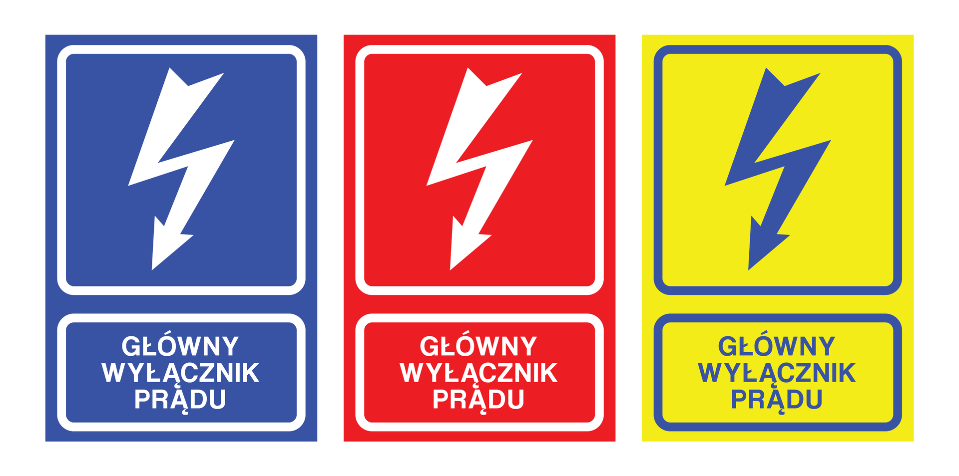 Ilustracja to trzy prostokątne tabliczki ułożone w rzędzie obok siebie. Każda tabliczka podzielona jest na dwie części. Pionowy prostokąt w górnej części otoczony białą wąską obwódką. Na środku biała pionowa błyskawica. W środku zakrzywiona zygzakowato w prawo. W dole zakończona grotem. Poniżej poziomy prostokąt z opisem tabliczki. Na każdej tabliczce ta sama informacja w dolnym prostokącie: główny wyłącznik prądu. Tabliczki różnią się kolorami. Pierwsza z lewej jest niebieska z białą błyskawicą i białym napisem. Na drugiej czerwonej tabliczce widnieje biała błyskawica i biały napis. Trzecia tabliczka prezentuje zółte tło i niebieskie dodatki: niebieską błyskawicę, niebieską obwódkę i niebieski napis.