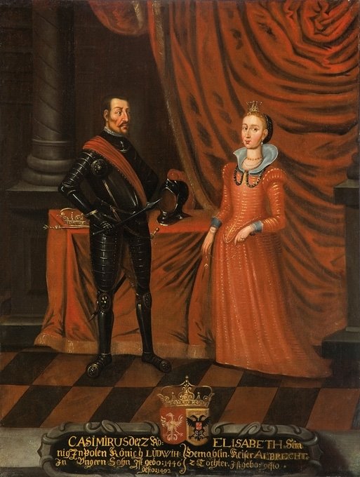 Kazimierz i Elżbieta Habsburżanka Wielki książę litewski i król Polski Kazimierz IV Jagiellończyk i jego żona, Elżbieta Habsburg, nieznanego malarza z XVII wieku. Źródło: artysta nieznany, Kazimierz i Elżbieta Habsburżanka, domena publiczna.
