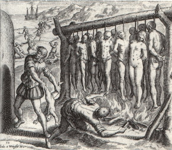 Grafika ilustrująca dzieła B. Las Casas o wyniszczaniu Indian Grafika ilustrująca dzieła B. Las Casas o wyniszczaniu Indian Źródło: Theodor de Bry, Joos van Winghe, 1598, domena publiczna.