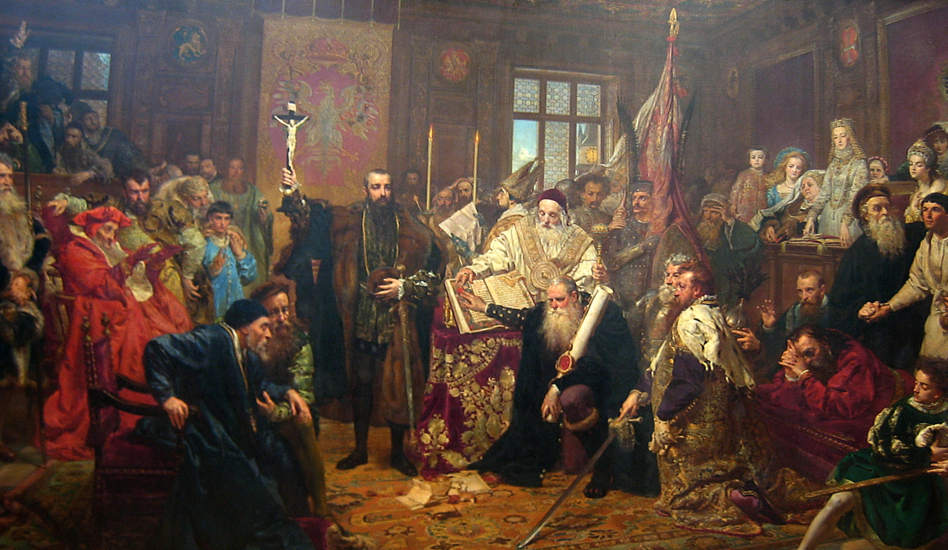 Obraz przedstawia moment zawarcia unii lubelskiej według wyobrażenia polskiego malarza historycznego Jana Matejki