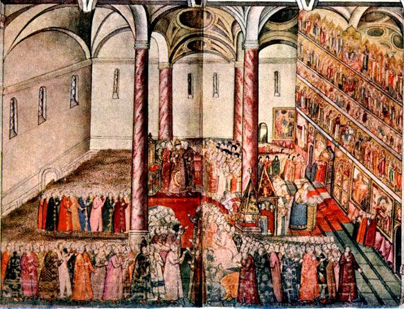Koronacja Michała Romanowa na cara Rosji. Obraz z Soboru Uspienskiego; malarz nieznany. Koronacja Michała Romanowa na cara Rosji. Obraz z Soboru Uspienskiego; malarz nieznany. Źródło: domena publiczna.