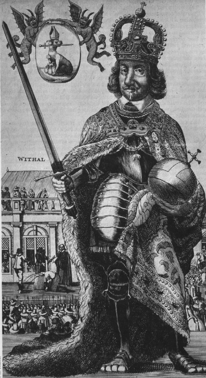 Satyryczny druk holenderski przedstawiający Cromwella jako króla. Druk pochodzi z okresu po 1649 r., gdyż w tle widać egzekucję króla zgodną ze znaną inną grafiką holenderską. Satyryczny druk holenderski przedstawiający Cromwella jako króla. Druk pochodzi z okresu po 1649 r., gdyż w tle widać egzekucję króla zgodną ze znaną inną grafiką holenderską. Źródło: domena publiczna.