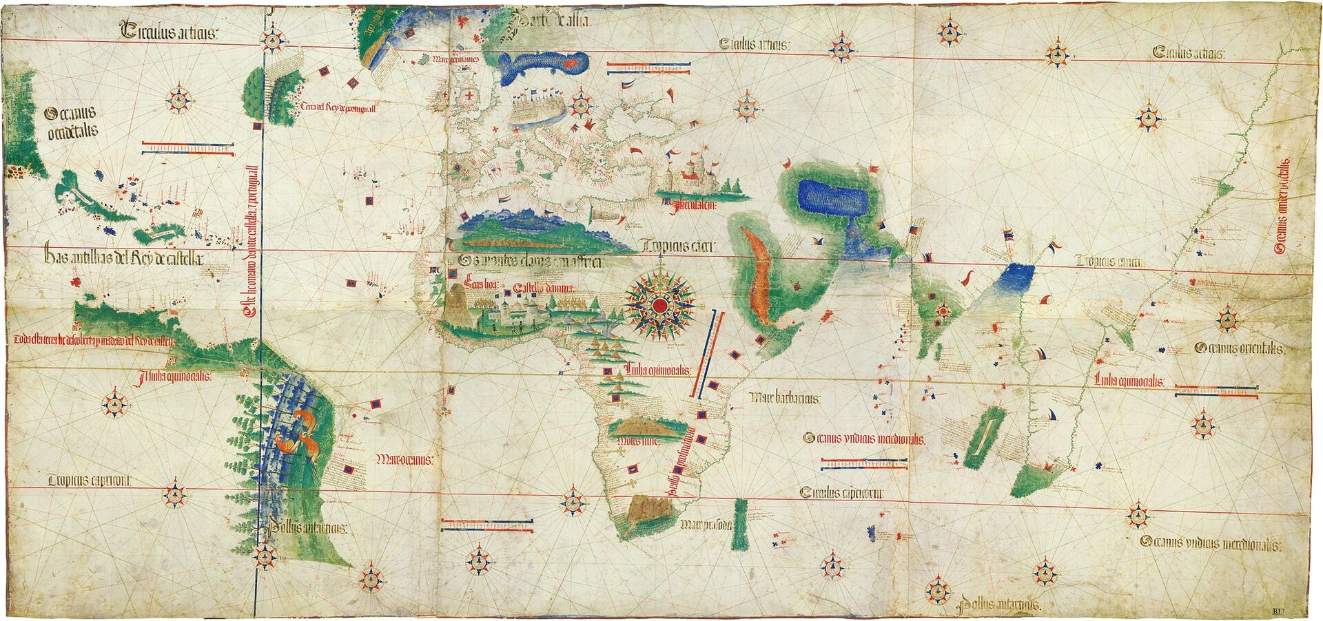 Mapa portugalska z 1502 r. z linią wyznaczoną przez traktat w Tordesilas Mapa portugalska z 1502 r. z linią wyznaczoną przez traktat w Tordesilas Źródło: 1502, Biblioteca Estense Universitaria, Modena, Italy, domena publiczna.