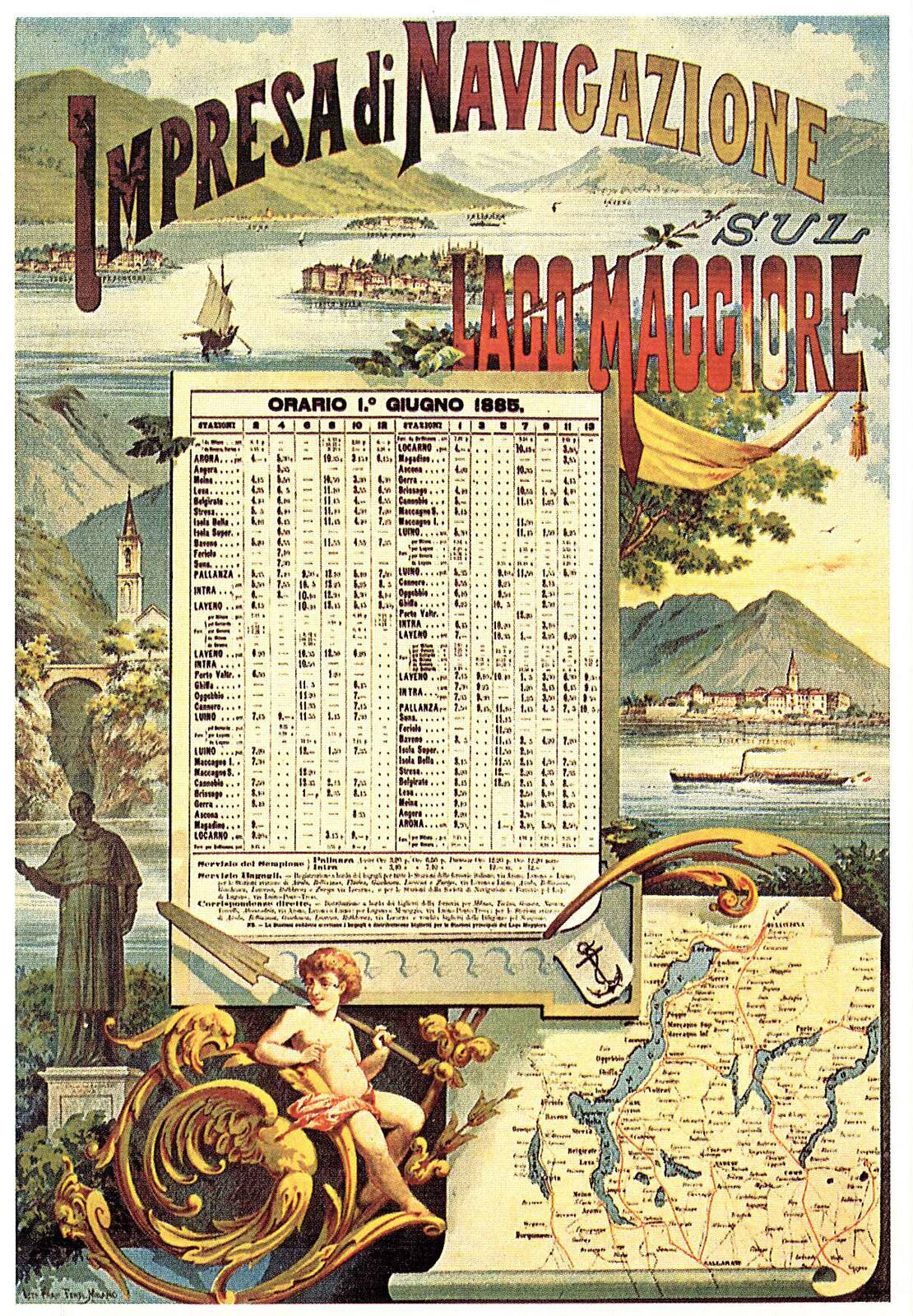 Rozkład rejsów promu na jeziorze Maggiore Źródło: Rozkład rejsów promu na jeziorze Maggiore, 1885, domena publiczna.