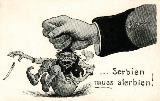 Serbia musi zginąć Źródło: Serbia musi zginąć, 1914, karykatura, domena publiczna.