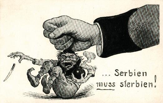 Serbia musi zginąć Źródło: Serbia musi zginąć, 1914, karykatura, domena publiczna.