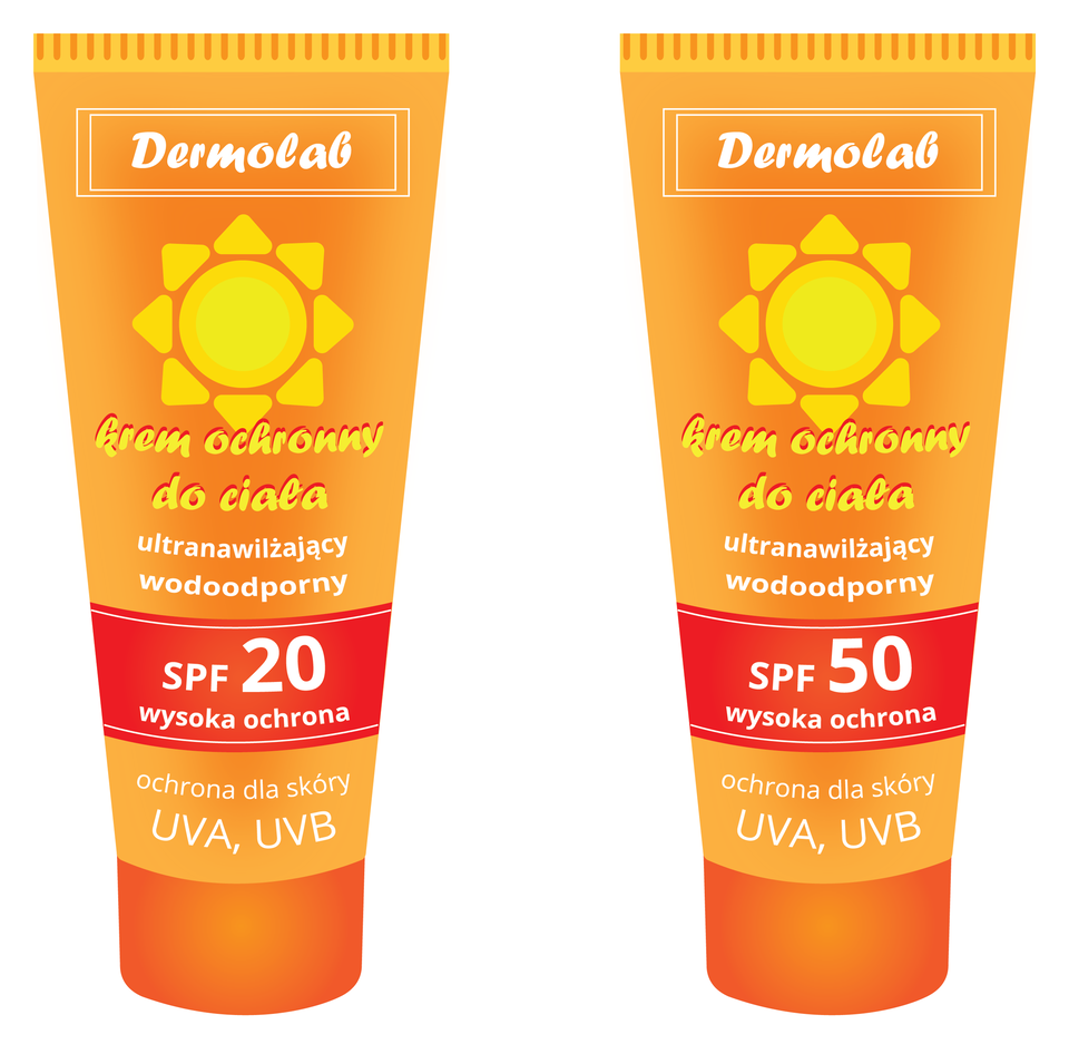 Ilustracja przedstawia dwie tubki z kremem ochronnym. Ta po lwej zawiara filtr SPF 20 , a ta po prawej SF 50.