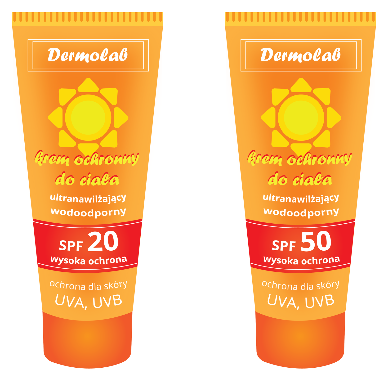 Ilustracja przedstawia dwie tubki z kremem ochronnym. Ta po lwej zawiara filtr SPF 20 , a ta po prawej SF 50.