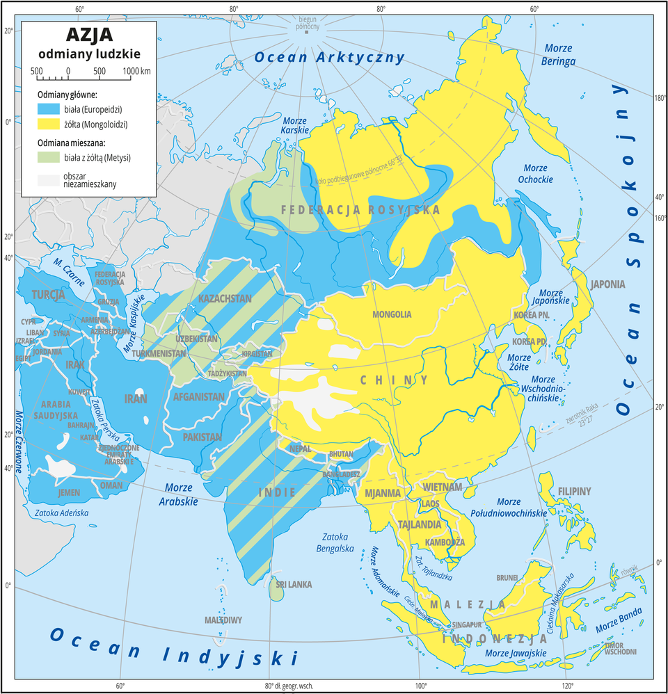 Ilustracja przedstawia mapę odmian ludzkich w Azji. Odmiany główne: biała – Europeidzi, żółta – Mongoloidzi. Odmiany mieszane: biała z żółtą – Metysi. Najwięcej obszarów pokrywa kolor niebieski oznaczający odmianę białą (na południu i w środkowej części Azji), i żółty – Mongoloidzi (na północnym-wschodzie i południowym- wschodzie Azji). Państwa nad Morzem Kaspijskim zamieszkuje odmiana mieszana – Metysi. Część obszarów pokrywają kolorowe pasy oznaczające, że występuje tam ludność różnych odmian (głównie Indie i Kazachstan). Dookoła mapy w białej ramce opisano współrzędne geograficzne co dwadzieścia stopni. W legendzie umieszczono i opisano kolory użyte na mapie.