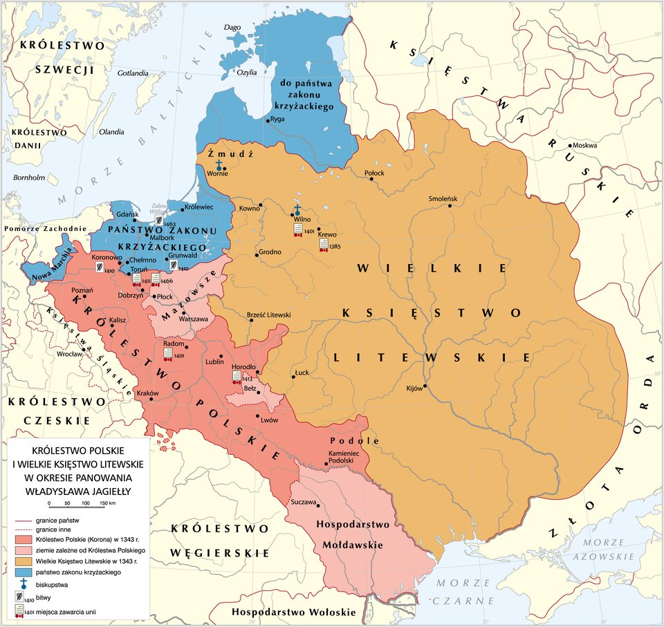 mapa przedstawia Królestwo Polskie i Wielkie Księstwo Litewskie za czasów Władysława Jagiełły