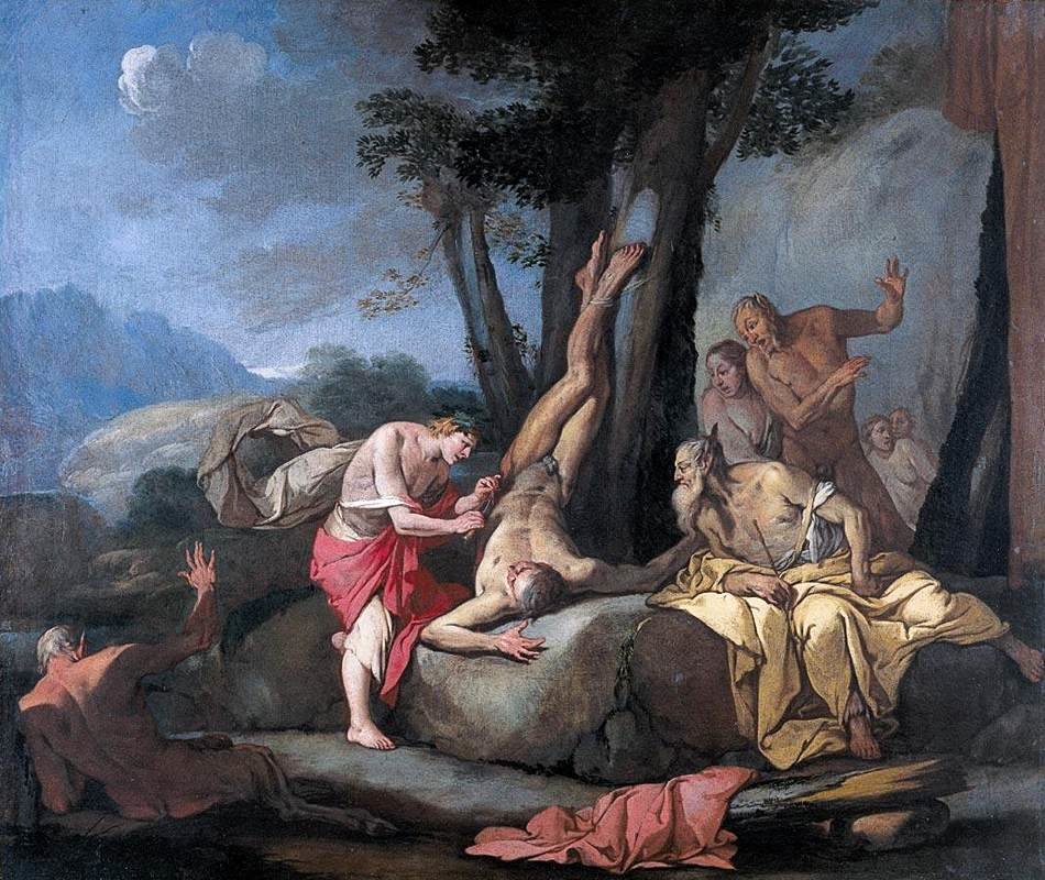 Apollo i Marsjasz Źródło: Carpioni, Apollo i Marsjasz, pierwsza połowa XVII wieku , olej na płótnie, zbiory prywatne, domena publiczna.