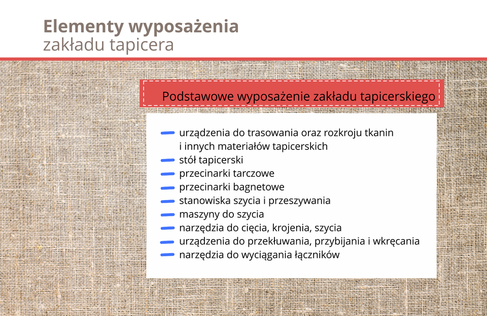 Grafika przedstawia elementy wyposażenia zakładu tapicerskiego.