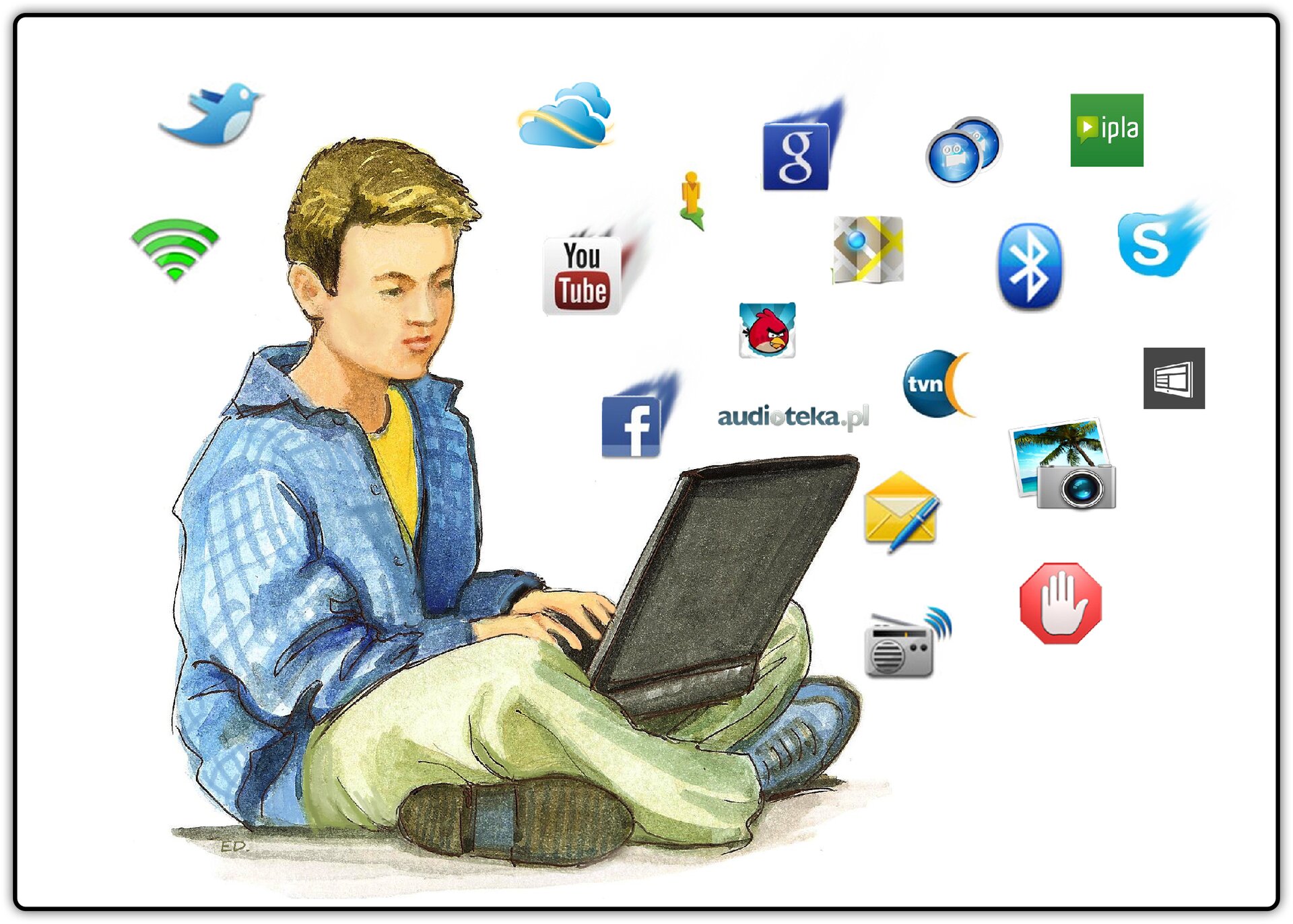Ilustracja przedstawiająca siedzącego chłopca, który trzyma na kolanach laptop, a wokół niego znajdują się różne ikony