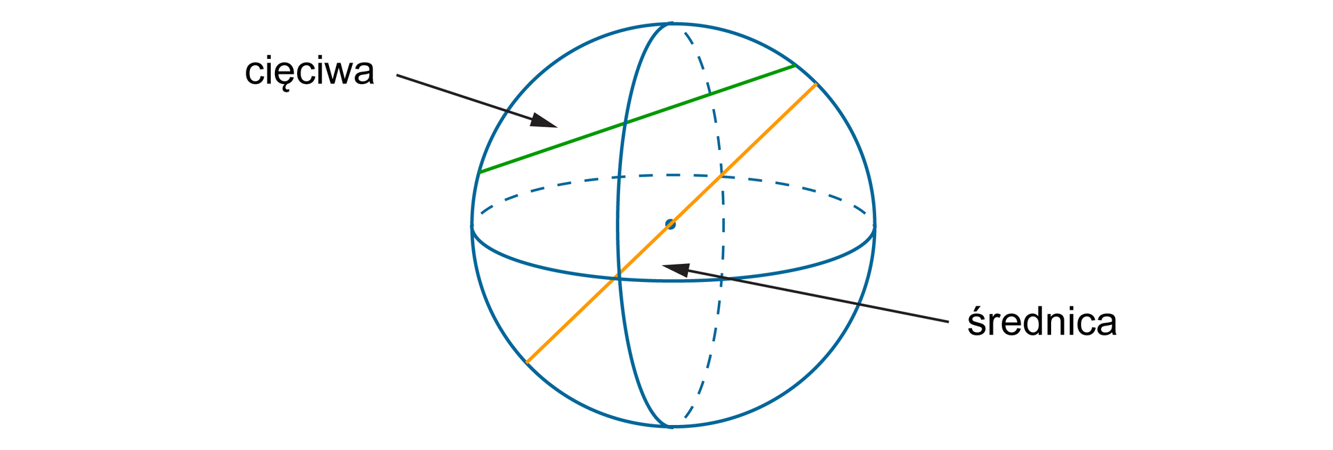 Rysunek sfery z zaznaczonymi średnicą i cięciwą.