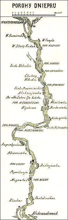 Porohy na Dnieprze w XIX w. Porohy na Dnieprze w XIX w. Źródło: domena publiczna.