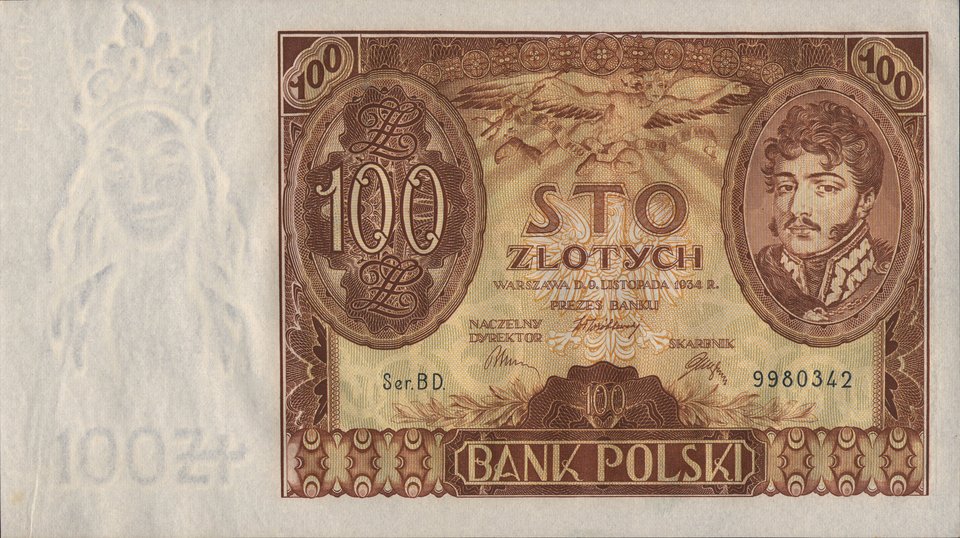 Banknot z II Rzeczypospolitej (100 złotych) Źródło: Bank Polski, Banknot z II Rzeczypospolitej (100 złotych), licencja: CC 0.