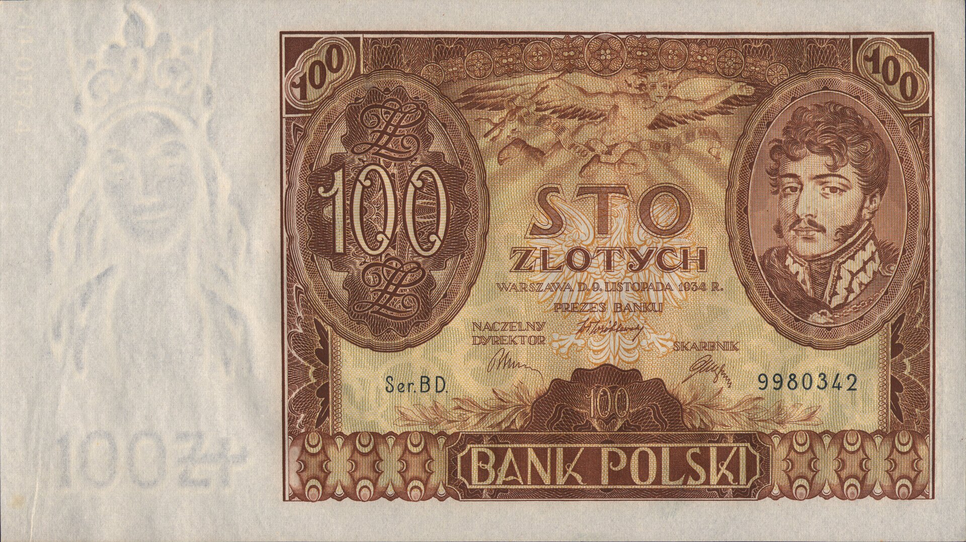Banknot z II Rzeczypospolitej (100 złotych) Źródło: Bank Polski, Banknot z II Rzeczypospolitej (100 złotych), licencja: CC 0.