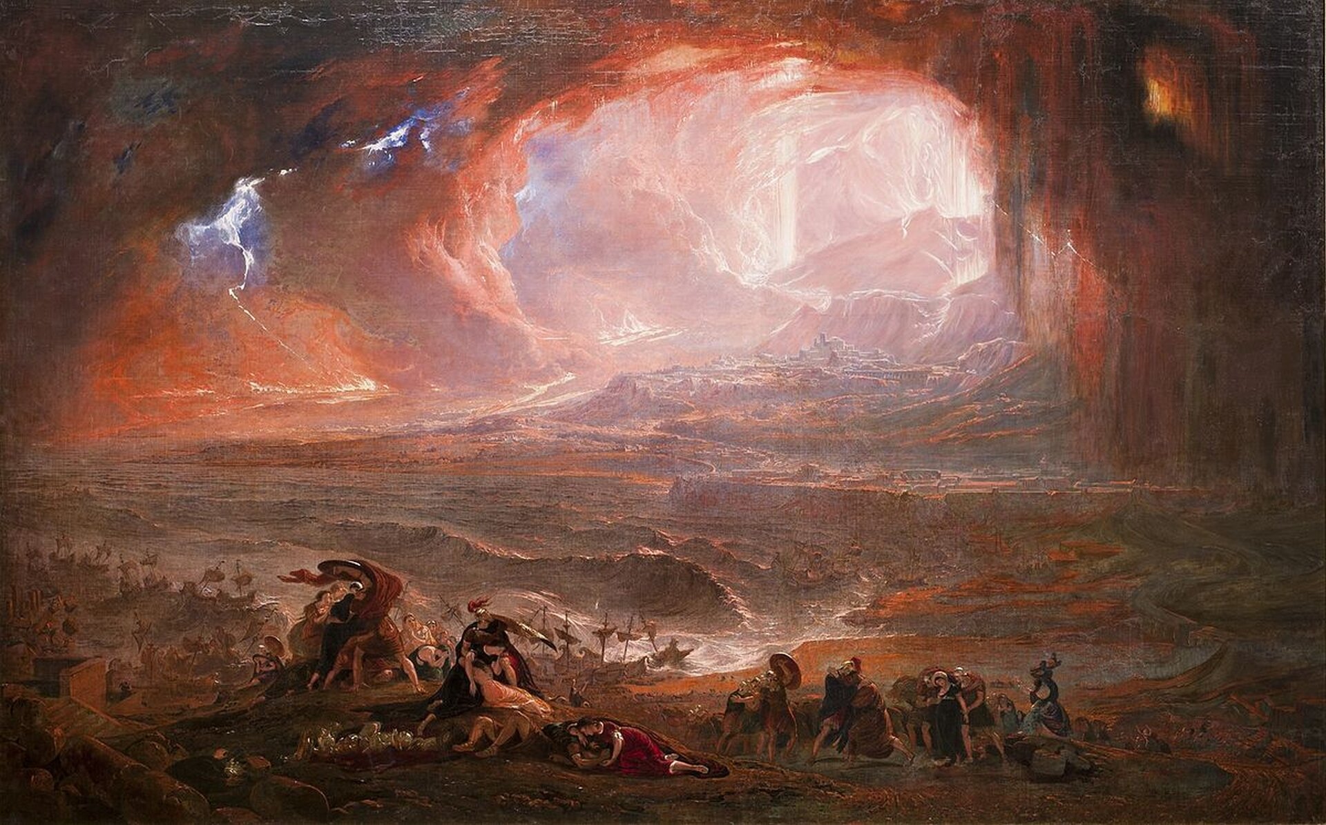 Ilustracja przedstawia dzieło Johna Martina „Zniszczenie Pompejów i Herculaneum”. Na obrazie ukazano wybuch Wezuwiusza. W centrum obrazu olbrzymie ogniste chmury rozpościerają się nad ciemnym wzburzonym morzem. Na brzegu morza widoczne są małe, targane falami statki. Na pierwszym planie znajduje się grupa przerażonych ludzi.
